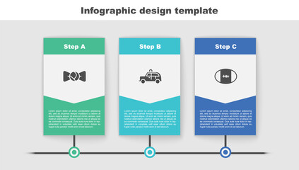 Sticker - Set Bow tie, Taxi car and Rugby ball. Business infographic template. Vector