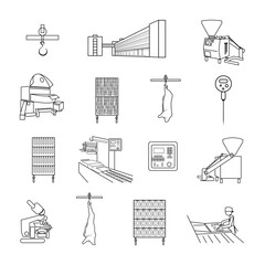 Meat processing plant, set of vector icons. Processing of meat into sausages. Industrial equipment, meat grinder, packaging, multivac, gas,. People are working. Carcass of pork, beef. Meat industry.