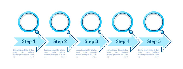 Blue empty circles steps vector infographic template. Blank presentation design elements with text space. Data visualization with 5 steps. Process timeline chart. Workflow layout with copyspace