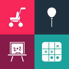 Poster - Set pop art Tic tac toe game, Chalkboard, Balloons with ribbon and Baby stroller icon. Vector