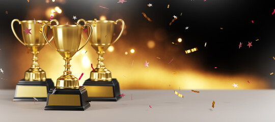 Wall Mural - close up golden trophy award with falling confetti. copy space for text. 3d rendering.
