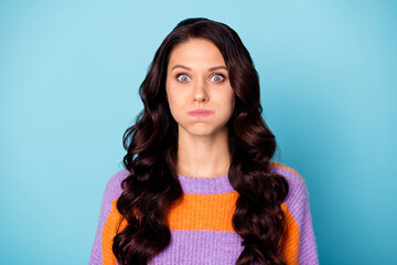 Poster - Photo of young attractive woman grimace fooling hold breath humor joke isolated over blue color background