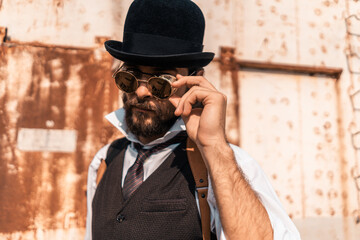 Wall Mural - Steampunk. A hero on a river barge surrounded by steel mechanisms. A man with a weapon.