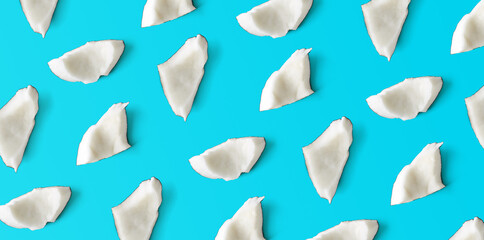 Canvas Print - Coconut pieces pattern on blue background, from above