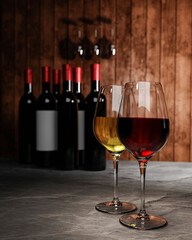 Red and white wine in clear glass, many blurred wine bottle backgrounds Place it on a cement floor with a wooden board wall. The cellar Tasting production concept.3D Rendering