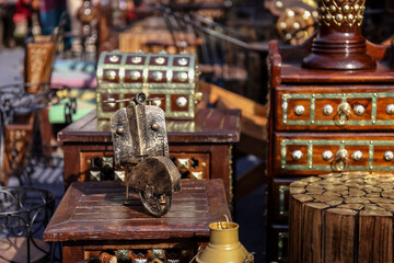 Colorful designer table furniture made with wood in Hunar Haat fair.