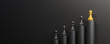 Leadership And Growth Concept, Yellow Pawn Of Chess, Standing Out From The Crowd Of Black Pawns, On Black Background With Empty Copy Space On Left Side. 3D Rendering