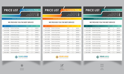 Price list design, Cost sheet design, invoice template, Bill form business invoice, Money bills, Payment agreement design templates