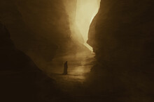 Traveler In A Dark Canyon, Surreal Landscape