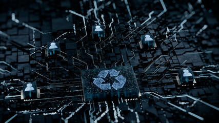Eco Technology Concept with recycle symbol on a Microchip. White Neon Data flows between Users and the CPU across a Futuristic Motherboard. 3D render.