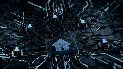 Internet Technology Concept with home symbol on a Microchip. White Neon Data flows between Users and the CPU across a Futuristic Motherboard. 3D render.