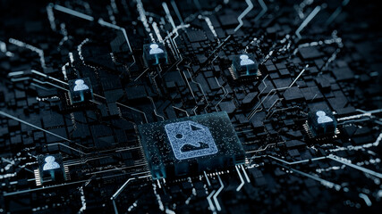 Image Technology Concept with picture symbol on a Microchip. White Neon Data flows between Users and the CPU across a Futuristic Motherboard. 3D render.