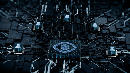 Vision Technology Concept with eye symbol on a Microchip. White Neon Data flows between Users and the CPU across a Futuristic Motherboard. 3D render.