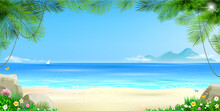 Wide Tropical Beach Banner Background And Palm