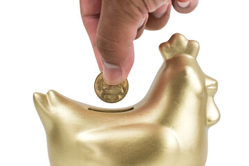 A man with a Thai coin carrying to chicken bank isolated on white background