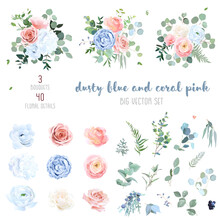 Dusty Blue, Blush Pinkand Coral Rose, White Hydrangea, Peachy Ranunculus