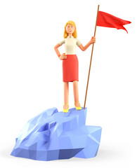 3D illustration of beautiful blonde woman hoisting a red flag on the top mountain. Cartoon happy businesswoman reaching goals on the peak of success. Objective attainment, leadership concept.