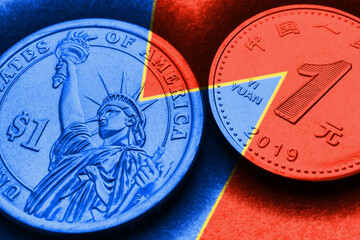 Translation: People's Bank of China, one yuan. 1 American dollar and 1 Chinese yuan coins. Blue and red tinted illustration on the theme of economic rivalry between the United States and China. Macro