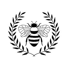 Bee Laurel Wreath. Outline Drawing. Line Vector Illustration.  Isolated On White Background. Design Of Invitations, Wedding Or Greeting Cards.