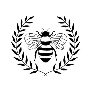 Bee laurel wreath. Outline drawing. Line vector illustration.  Isolated on white background. Design of invitations, wedding or greeting cards.