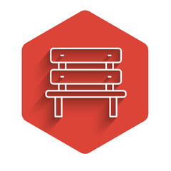 Sticker - White line Bench icon isolated with long shadow. Red hexagon button. Vector