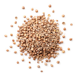 Wall Mural - Dry coriander seeds heap on white background, isolated. The view from top