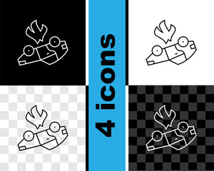 Sticker - Set line Burning car icon isolated on black and white, transparent background. Car on fire. Broken auto covered with fire and smoke. Vector