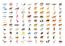 Big Set Of Cards Animals, Fish And Birds For Kids. 100 Animal сards With Titles For 4 A3 Sheets Print.