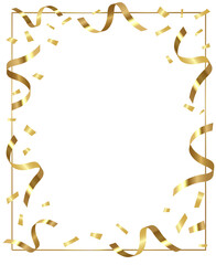 Gold frame for inserting any images. Gold frame with golden confetti. Festive frame for your designs. Vector illustration.