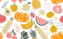 Seamless Creative Pattern With Fruits, Vegetables And Seeds. Healthy Food Background Isolated On White. Super Food. Vector Illustration.