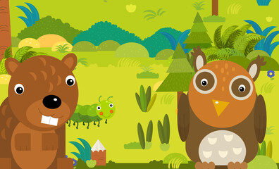 cartoon scene with different european animals in the forest