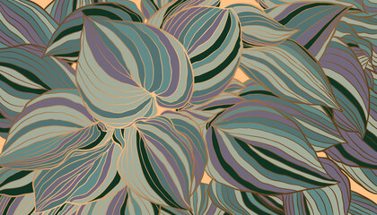 Naklejka na meble Striped purple green and copper metallic outline leaves hand drawn background vector. Luxury art deco wallpaper design for print, poster, cover, banner, fabric, wrapping.