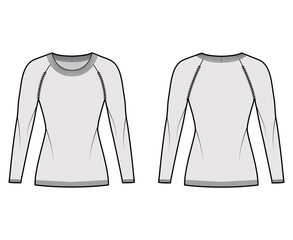 Sticker - Round neck Sweater technical fashion illustration with long raglan sleeves, fitted body, hip length, knit rib trim. Flat jumper apparel front, back, grey color style. Women men unisex CAD mockup