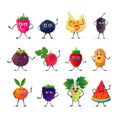 Wall Mural - set cute fresh juicy characters tasty ripe berry fruits mascot personages collection isolated on white background healthy food concept