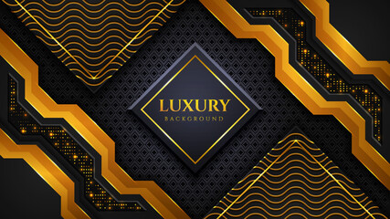 Wall Mural - Luxury background with golden and black color geometric shapes lights glitters and glow effect  Premium Vector