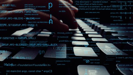 Creative visual of computer programming coding and software development shown by man working on computer keyboard with overlay of computer graphic displaying abstract program codes and computer script