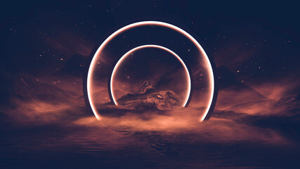 Wall Mural - futuristic fantasy night landscape with abstract landscape and island, moonlight, radiance, moon, ne