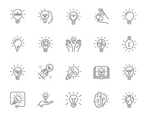 Set of vector outline icons of light bulbs with various symbols of creative thinking