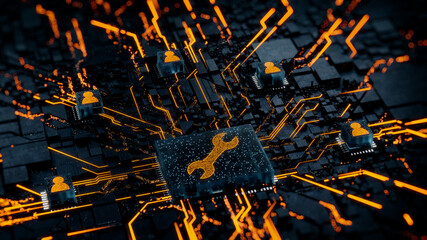Configure Technology Concept with tool symbol on a Microchip. Orange Neon Data flows between Users and the CPU across a Futuristic Motherboard. 3D render.