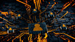 © RocknRoller Studios - Social Technology Concept with user symbol on a Microchip. Orange Neon Data flows between Users and the CPU across a Futuristic Motherboard. 3D render.
