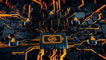 Energy Technology Concept With Battery Symbol On A Microchip. Orange Neon Data Flows Between Users And The CPU Across A Futuristic Motherboard. 3D Render.
