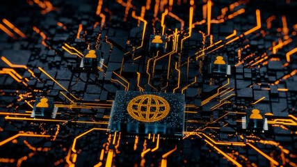 Internet Technology Concept with web symbol on a Microchip. Orange Neon Data flows between Users and the CPU across a Futuristic Motherboard. 3D render.