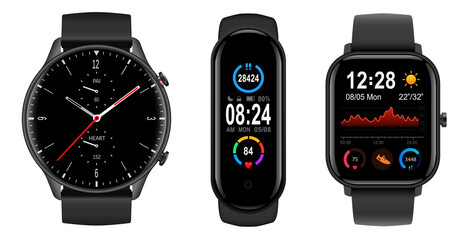 Smartwatch collection, realistic icons isolated on white, technology electronic gadgets, wrist watch vector illustration, interesting modern electronic bands set.
