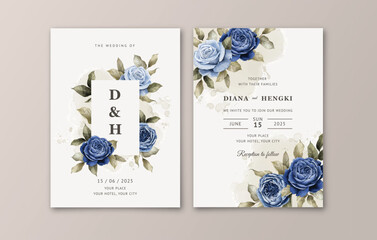 Poster - Elegant wedding invitation card template with watercolor navy floral and leaves