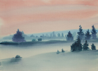 Wall Mural - evening fog in the field