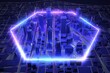 neon hexagon shape over dark city aerial view