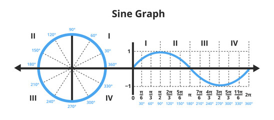 Vector mathematical illustration of sine curve in graph or chart and unit circle showing sine graph. Gonometric or goniometric function. The icon is isolated on white. Sine function, wave, angle.