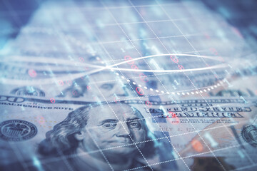 Double exposure of forex graph drawing over us dollars bill background. Concept of financial markets.