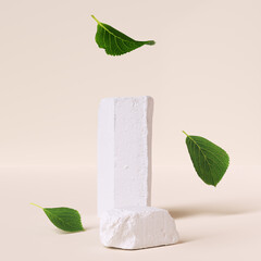 Canvas Print - White Stone podium and falling green leaves. Natural organic cosmetic product presentation. 3d rendering