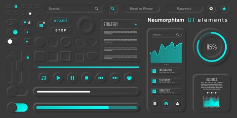 User interface elements for mobile app. Neumorphism User interface design kit. Neumorphism UI UX icons set.
